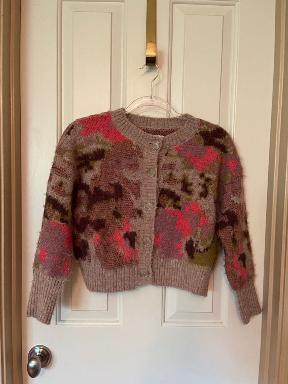 Anthropologie Taupe Floral-Print Chunky Button Cardigan with Pink & Olive - Picture 1 of 7